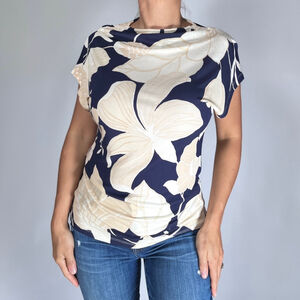 Get Reiss Woman’s Navy Blue Cream Floral Print Top Size S Viscose